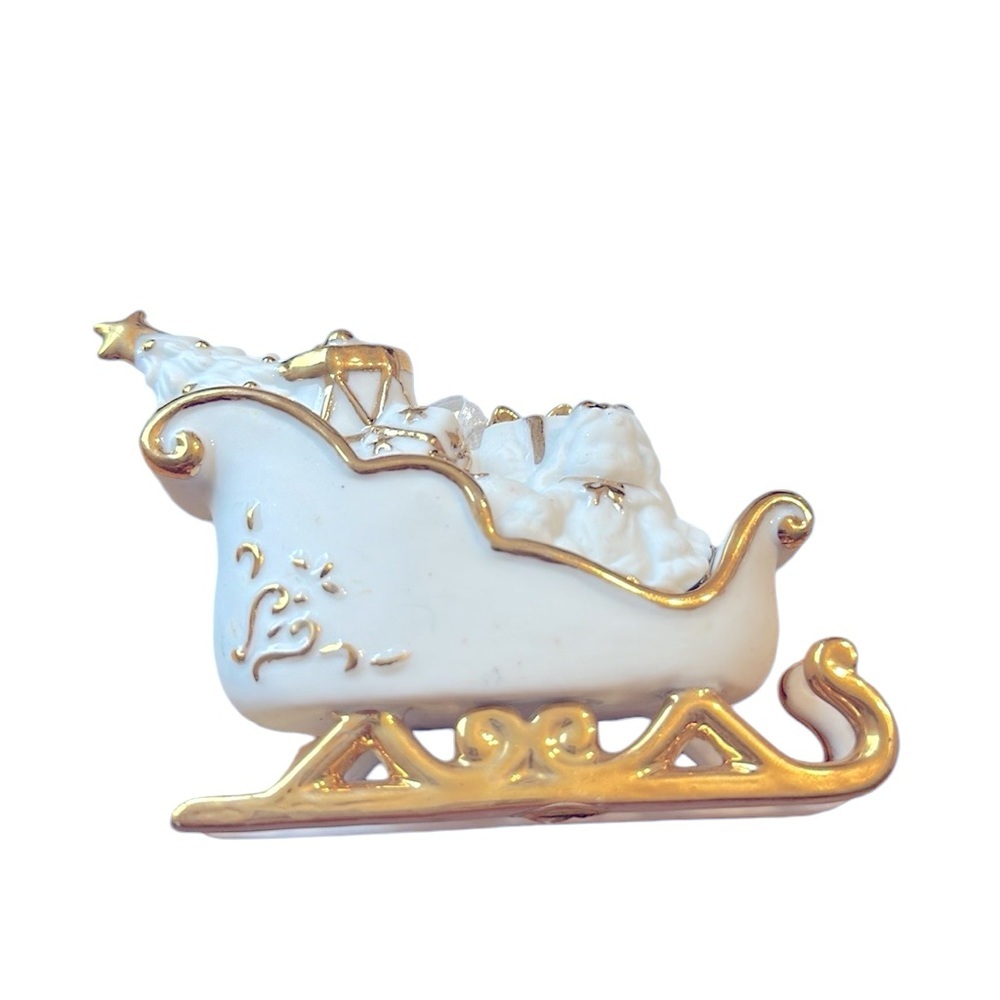Traditions White Porcelain Sleigh Ornameny Gold Trim